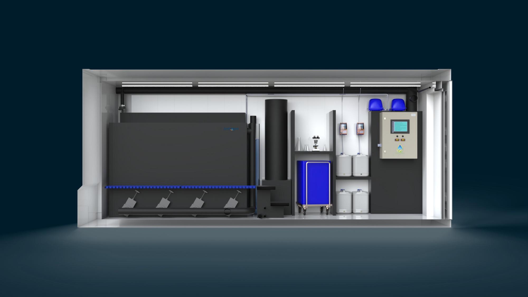 Side-elevation cross-section render of the Mark 9: filtration bank, dosing station and control cabinet in the container