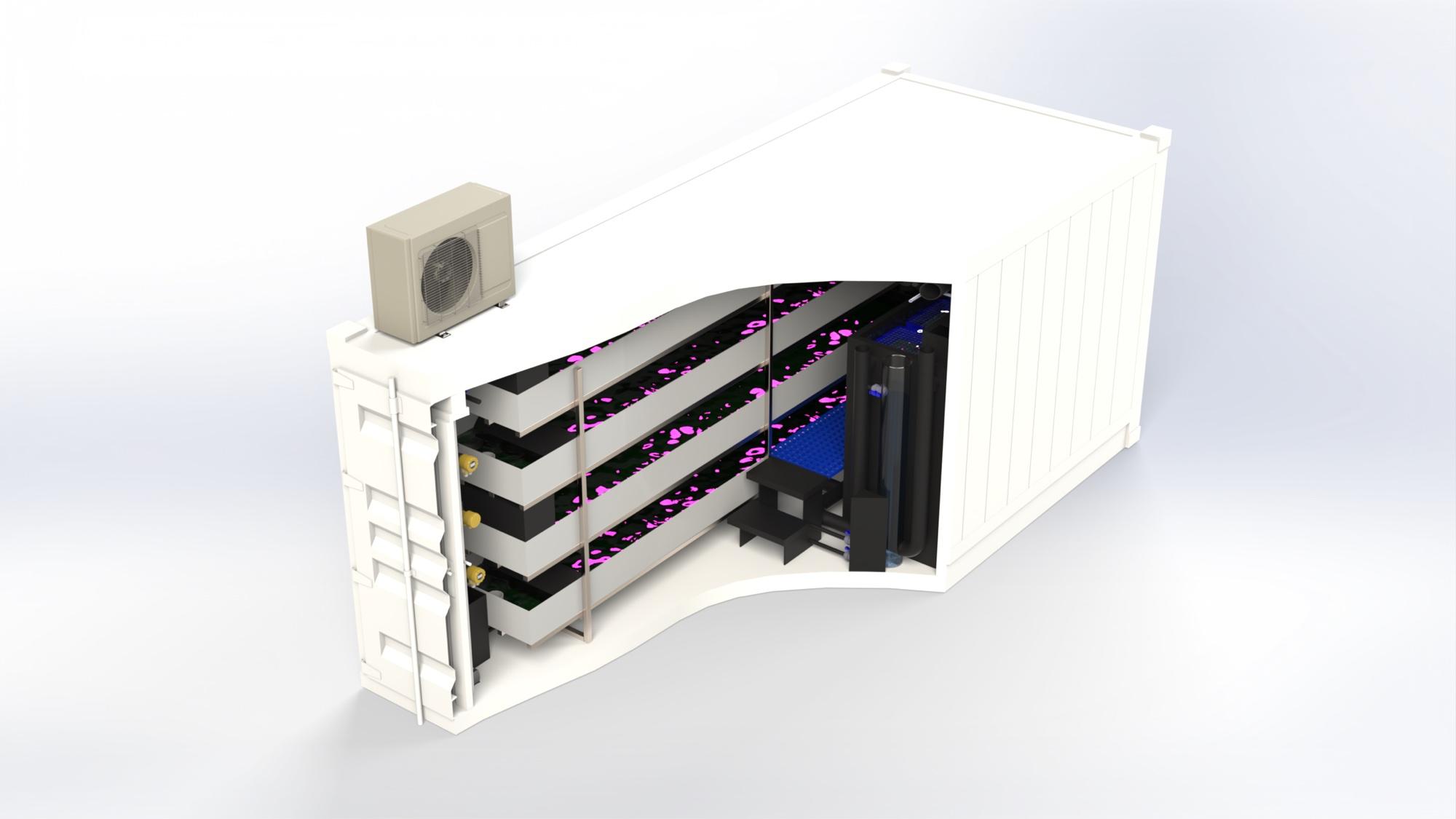 Cutaway render of the Mark 9 container showing the stacked algae trays and internal filtration equipment