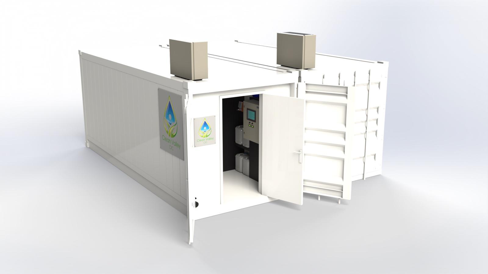 Exterior render of the white Mark 9 container with its access doors open